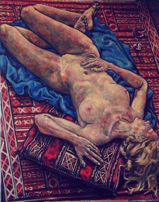 Nude, oil on canvas. Isabel on Moroccan carpet. 